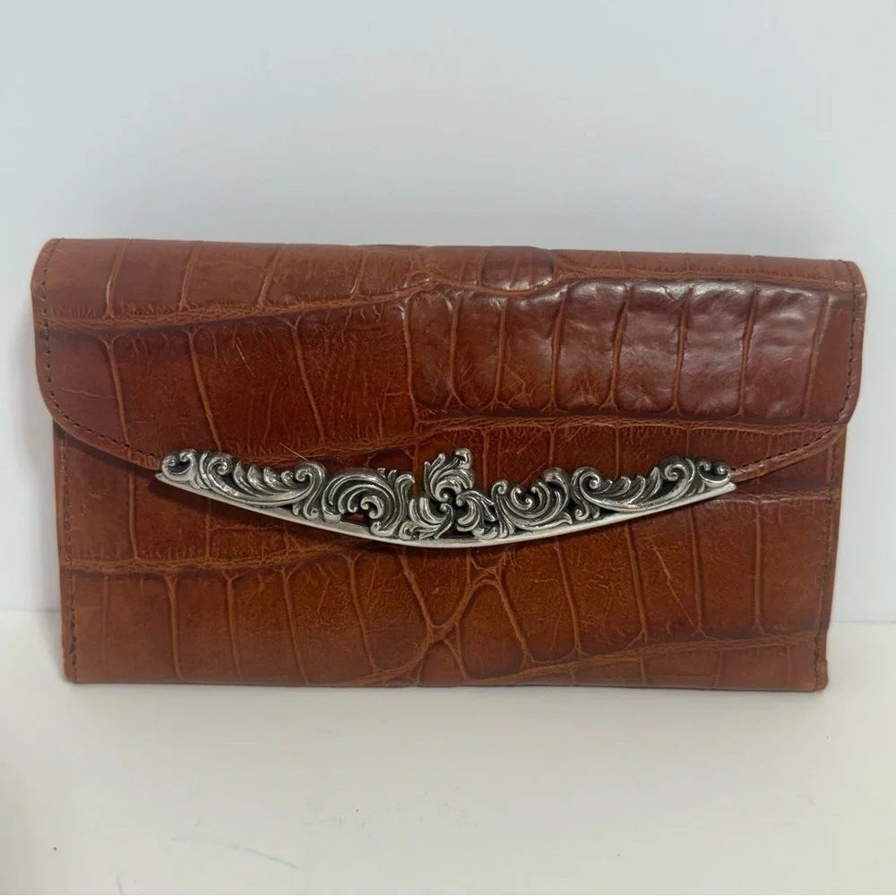 BRIGHTON  WALLET Brown Leather Large Organizer Clutch Silver Brown Classic